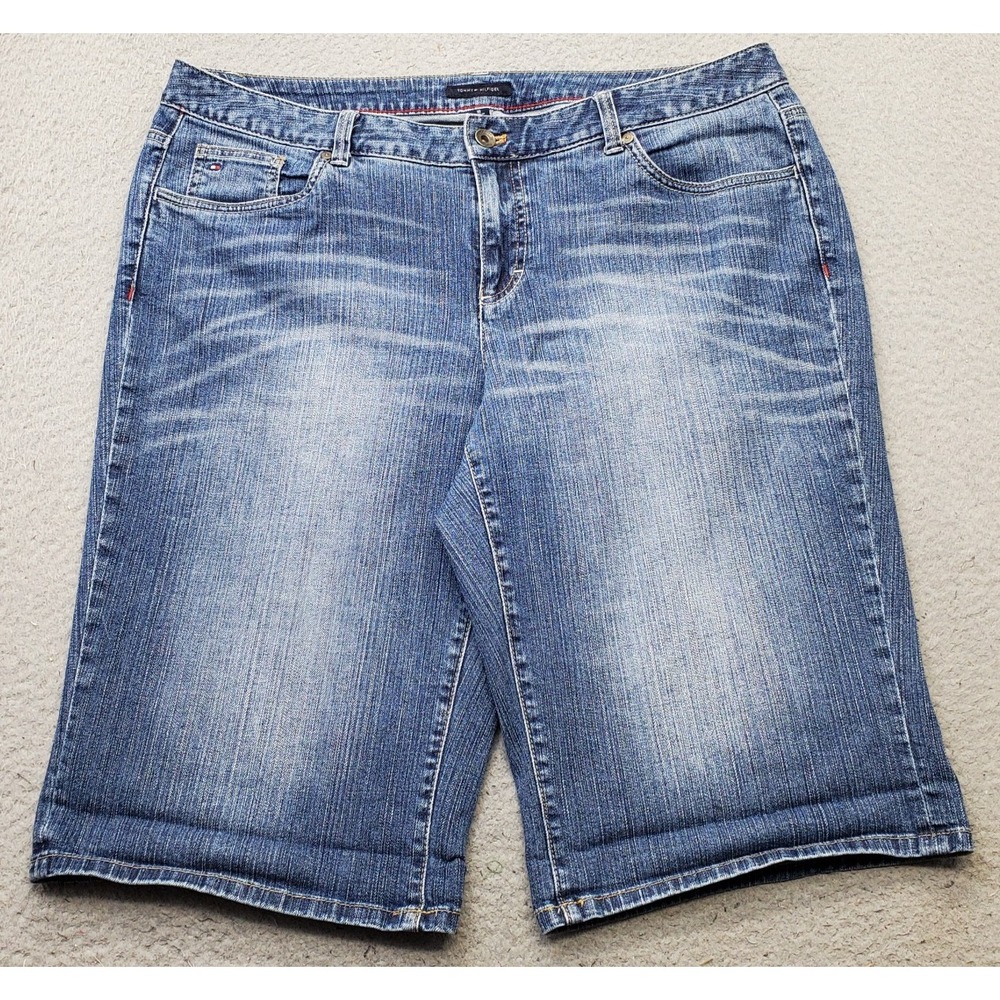 Tommy Hilfiger Jean Shorts Womens 16 Blue Denim Faded Whiskered Five Pockets